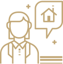 line drawing of a woman with a speach bubble containing a house