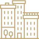 line drawing of three city buildings